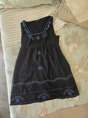 Topshop Black Sleeveless Embroidered Shift Dress with Blue and Orange Accents